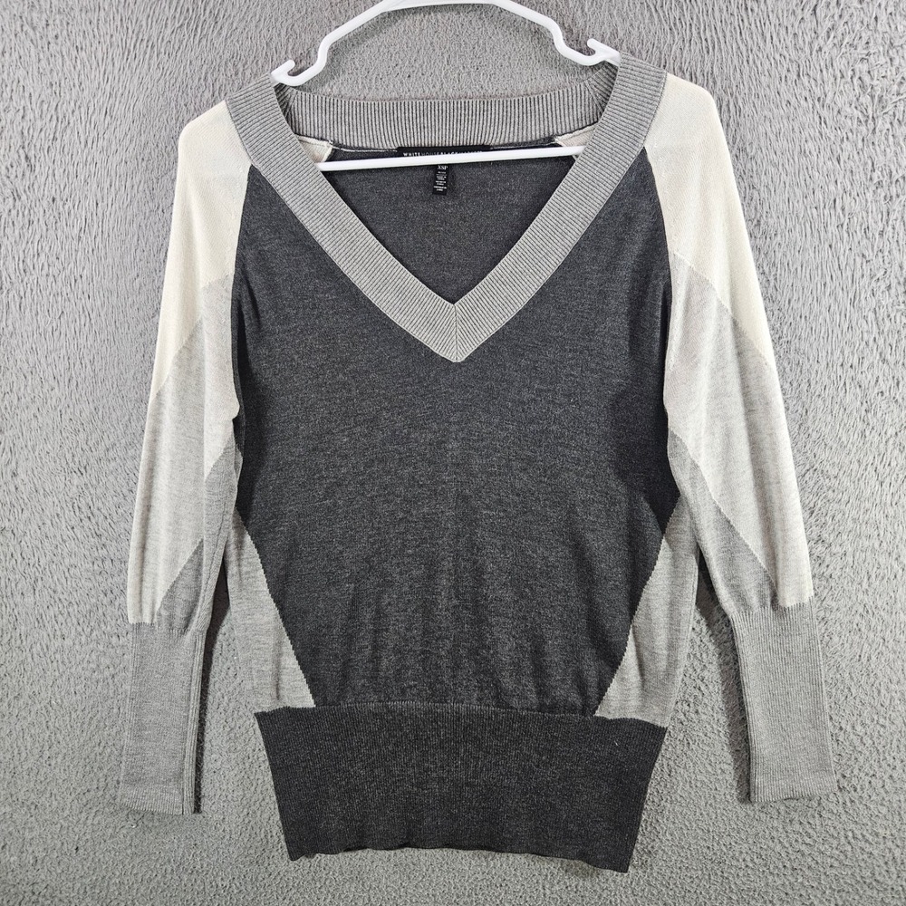 White House Black Market Grey Colorblock‎ V-Neck Cashmere Blend Sweater XSP